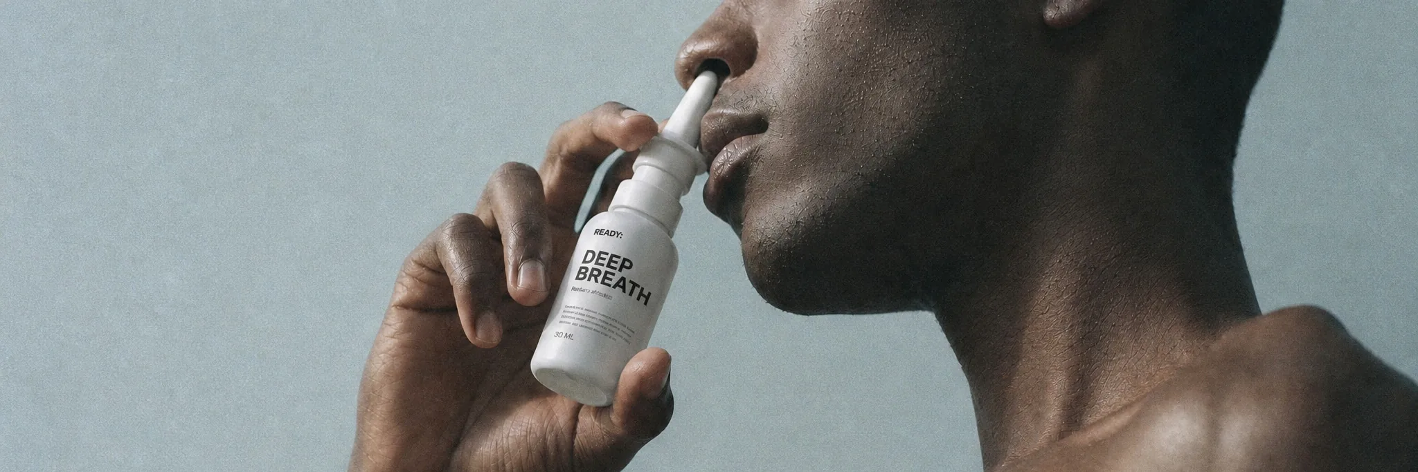 A man using DEEP BREATH oxytocin nasal spray against a deep blue sky